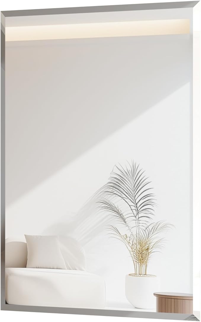 Frameless Rectangular Wall Mirror: Decorative Rectangle Mirrored Glass Vanity with Beveled Silver Edge for Bathroom Bedroom Livingroom Dining Room Entryway Hallway, 28 x 20 inch