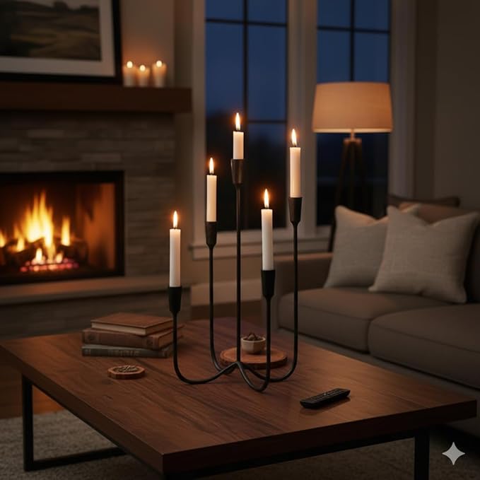 Candelabra for 5 Taper Candles – Hand-Forged Candle Holder with Elegant Vintage Finish – Decorative Centerpiece for Dining Room, Living Room or Mantel Decor(Black)