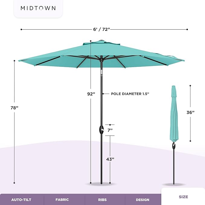 Midtown Umbrellas 10-Year-No-Fade - 6 Ft - UV Proof Dark Grey Polyester Fabric - Umbrella Outdoor Patio, Auto-Tilt Aluminum Frame Large Patio Umbrella for Garden, Pool & Deck - Black Pole