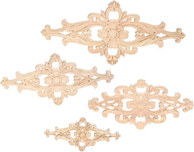 MUXSAM Wood Carved Appliques Furniture Decorative Onlays, 4Pcs Unpainted DIY Center Carving Decal for Door Wall Ceiling Cabinet Dresser Mirror Bed Mantel Bench Decoration, 20x10cm/7.8"x3.94"