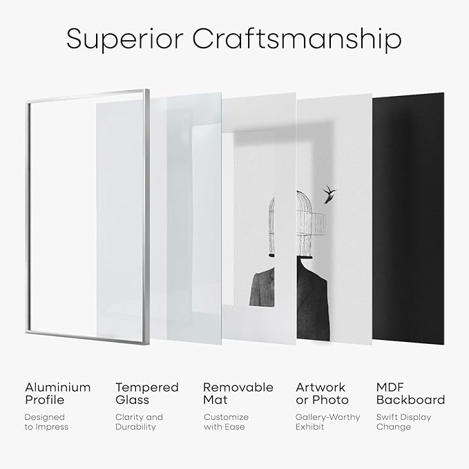 Homeforia Silver 8x11 Picture Frame, High End Metal 8 x 11 Poster Frames with Mat 6 by 9 for Photo, 11x8 Frame Matted to 6x9 inch Art, 8by11 Wall or Tabletop Frames, Tempered Glass, Wall Kit, Set of 1