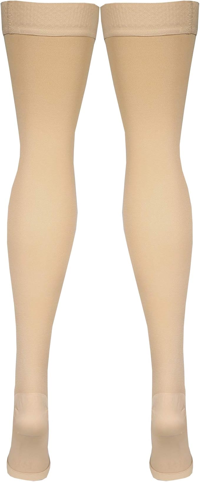Amazon Basic Care Medical Compression Stockings, 20-30 mmHg Support, Women & Men Thigh Length Hose, Open Toe, Beige, X-Large (Previously NuVein) (Pack of 2)