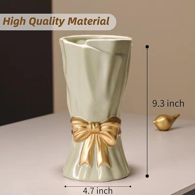 Green Bow Vase for Home Decor, 9.3 Inch Avocado Color for Boho Style, Sage Large Green Flower Vase for Ideal Shelf Decor/Table/Living Room. 