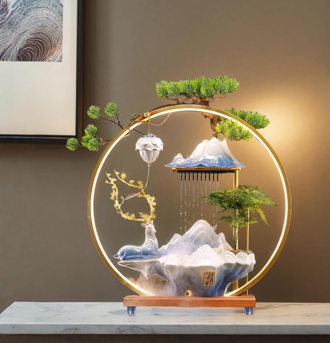 Desk Waterfall Fountain Indoor Ceramic Deer Sculpture,Tabletop Mini Water Fountain with Mist,Adjustable LED Light Ring and Backflow Incense Burner Holder(PQLU001)