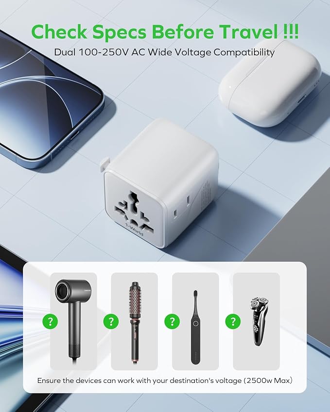MOMAX Mini Universal Travel Adapter Worldwide, 2 AC, All European Travel Plug Adapter UK, Travel Essentials for US to Europe Adaptor, All-in-One Wall Charger for AUS JP (No USB Port)