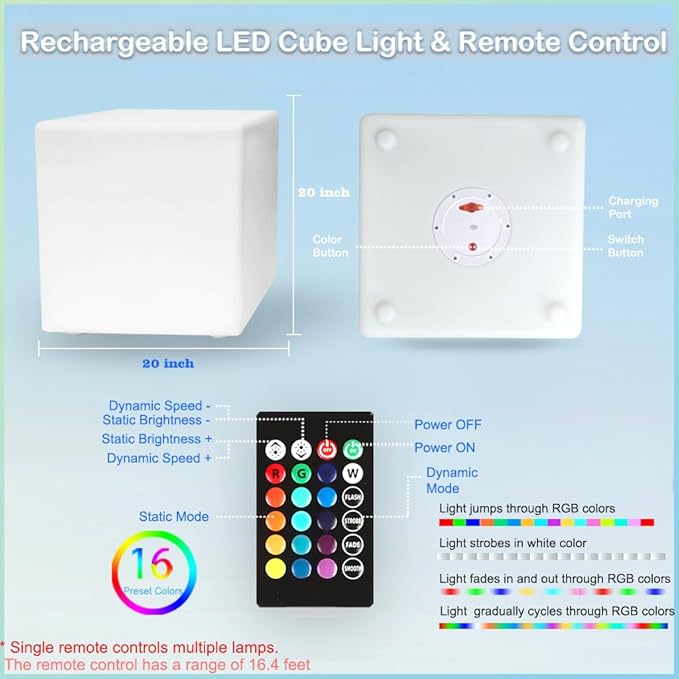20-in LED Cube Chair, Cordless Rechargeable LED Cube Light Table, 16 Colors Glowing Light Up Cubes, Waterproof Glow Cubes Floor Lamp, Dimmable Cosmic Tesseract Mood Lamp for Bedroom Patio Garden Party