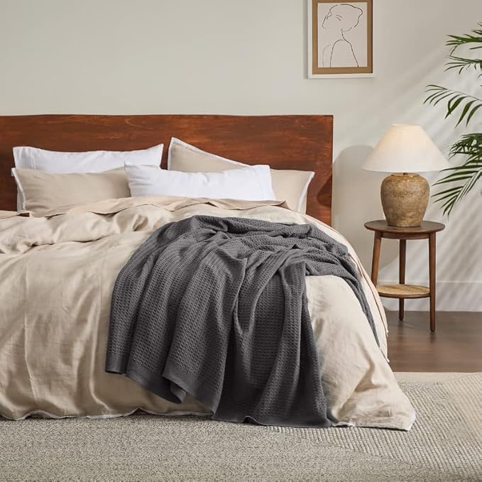 Bedsure Gentlesoft 100% Cotton Blanket Twin XL Size for College Dorm - Breathable and Soft, Waffle Weave Twin Blanket for Summer, Dorm Room Essentials, Dark Grey, 66x90 inches