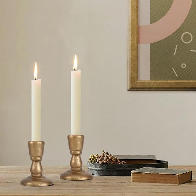 Cast Iron Candle Holders Antique Brass Iron Taper Candle Holders Set of 2, Decorative Metal Candlestick Stands for Weddings, Dining, Parties, and Home Decor