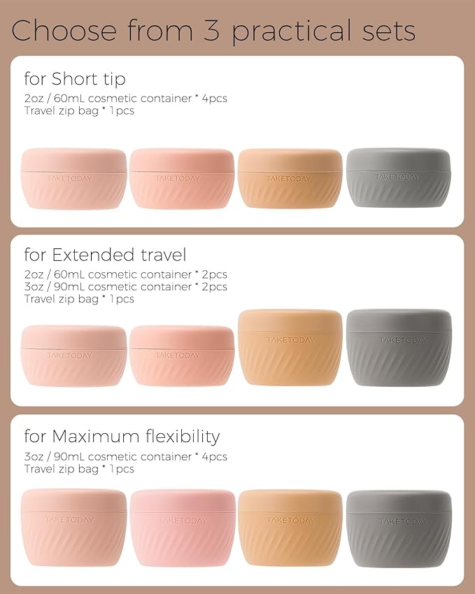 TakeToday Travel Containers for Toiletries, Leak-proof, TSA Approved, Refillable Silicone Cream Jars with Lid Travel Size Essential for Cosmetic toiletry Cream, 2oz, 4 Pack (Apricot)