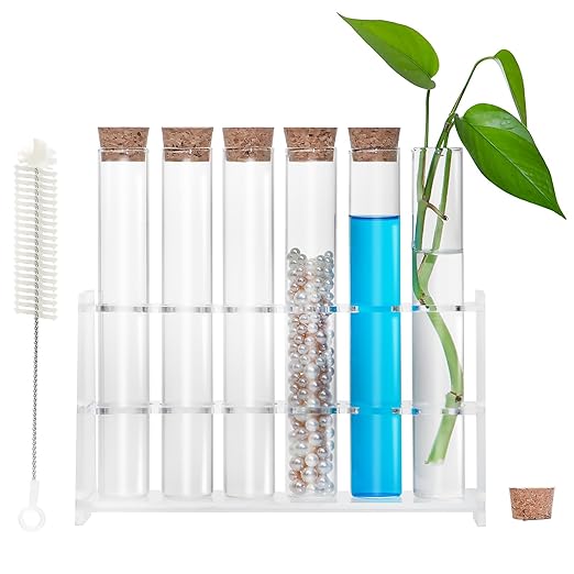 6pcs 30ml Glass Test Tube with Cork Stopper, 20x150mm Flat Bottom Storage Tube with Cap, 6 Holes Acrylic Rack, Plant Propagation Vase Set for Scientific Experiments Lab Candy Liquid Party Decor