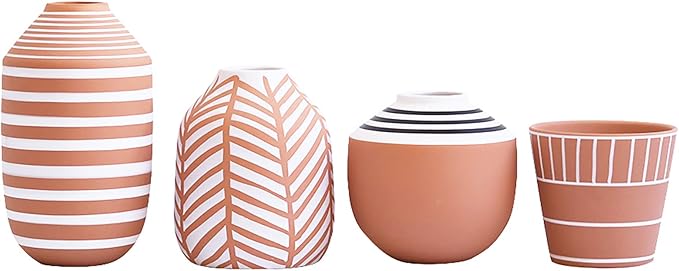 Stephanie Imports Boho Brown Terracotta Planter Pot with Hand-Painted Matte White Design (Block Lines)