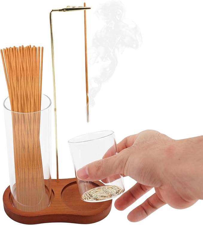 2 in 1 Incense Holder for Sticks, Anti-Ash Flying Incense Burne with Glass Ash Catcher and Incenses Sticks Storage, Hang Upside Down for Yoga, Spa, Meditation, Wooden Home Decor