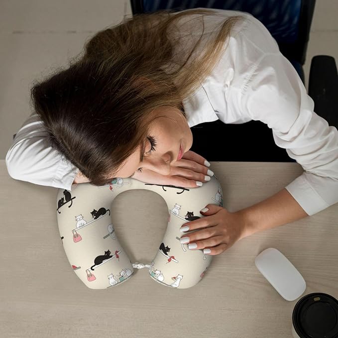 Memory Foam Airplane Pillow Cute Black and White Cat for Car Chin Head Neck Supporting, U Shape Pillows Travel Cushion for Office, Nap Sleeping