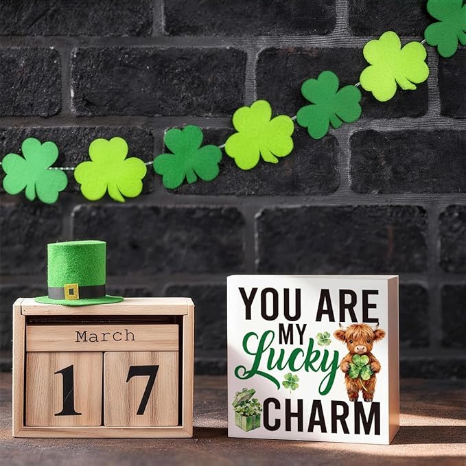 St Patrick Decor Lucky Charm Wooden Box Sign, You Are My Lucky Charm Irish Quote Tabletop Decor with Shamrock Accent, Cute Farmhouse Shelf Desk Holiday Decorative Gift for Loved Ones 5 x 5 Inches
