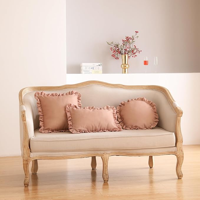 ISAENNE Classic Pink Round Throw Pillow Cover Diameter 16", Solid Color Cottage Linen Cotton Decoration Pillow Cover with Ruffles, Sturdy Throw Pillow Case for Couch Sofa Bed Living Room