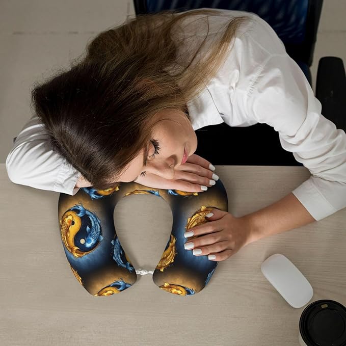 Comfortable Travel Pillow for Pain Relief Sleeping, Memory Foam Airplane Car Neck Pain Pillows Koifish Fish Yin Yang, Funny Chin Head Support Cushion