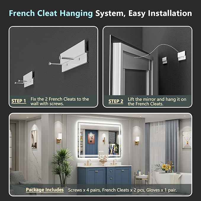 60x28 Inch LED Bathroom Mirror with Lights, Backlit & Front Lit, Anti-Fog Lighted Vanity Mirrors for Bathroom Wall, Dimmable, 3-Color Light, Memory, Shatter-Proof, Tempered Glass, ETL Listed