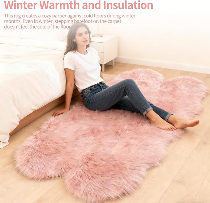 Pink Faux Fur Sheepskin Area Rug for Living Room Bedroom, 6 x 6 Feet Ultra Soft Shaggy Fuzzy Furry Carpet Chair Throw Large Rugs for Kids, Girls, Nursery Room Decor Dorms