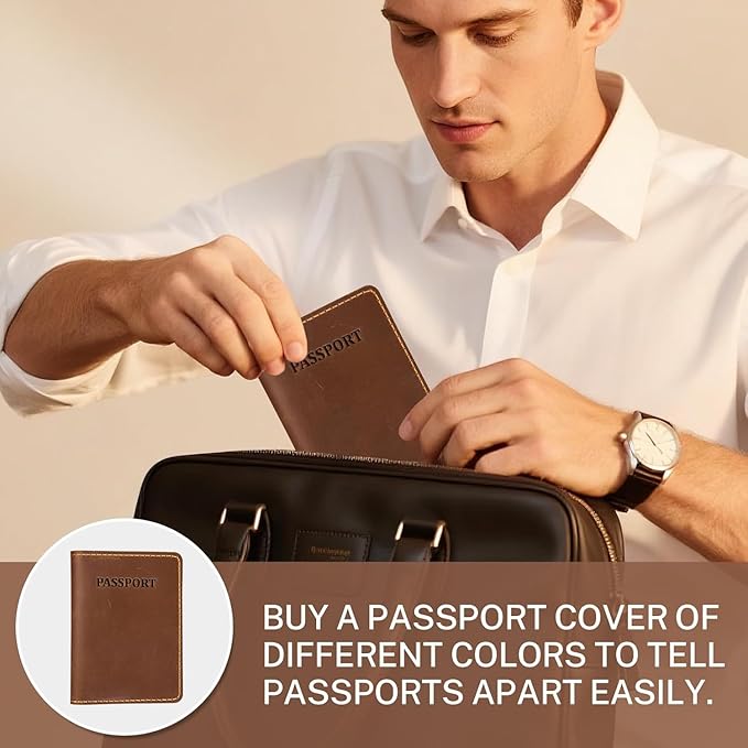 Genuine Leather Passport Holder for Travel,RFID Blocking Passport Cover, Men Passport Wallet, Folding Passport Clip with One Pocket, Two Card Slots, And One Passport Pocket(Bourbon Brown)
