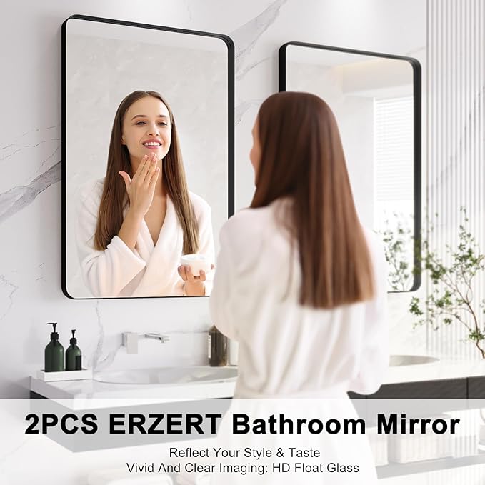 Bathroom Mirrors for Over Sink,2Pcs 24x36Inch Vanity Mirrors for Wall,Black Metal Frame Rectangle Mirrors for Bathroom,Farmhouse,Restroom,Hangs Horizontally or Vertically