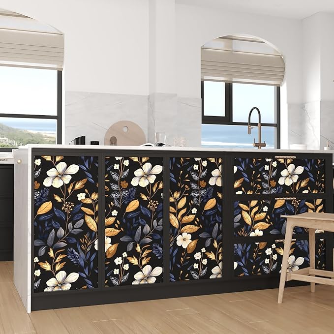 Vintage Dark Floral Wallpaper Peel and Stick Blue/Gold Leaf Wallpaper Waterproof Self Adhesive Removable Boho Wall Paper Modern for Bedroom Walls Drawer Cabinet 17.5in x 197in