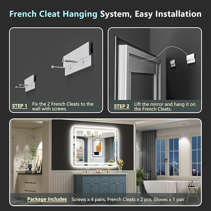 50x40 LED Bathroom Mirror with Lights, Backlit and Front Lit, Anti-Fog Lighted Vanity Mirrors for Bathroom Wall, Dimmable, 3-Color Light, Memory, Shatter-Proof, HD Tempered Glass, CRI>90