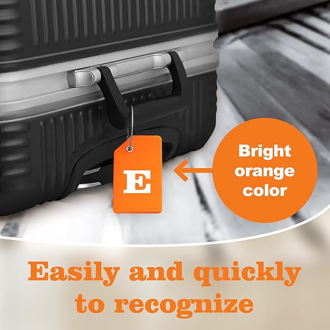 Gostwo 2 Pack Silicone Luggage Tags for Suitcases, 26 Initial Letter Baggage Labels Handbag School Bag Suitcase Instrument Tag with Stainless Steel Loop(Orange)(Letter E)