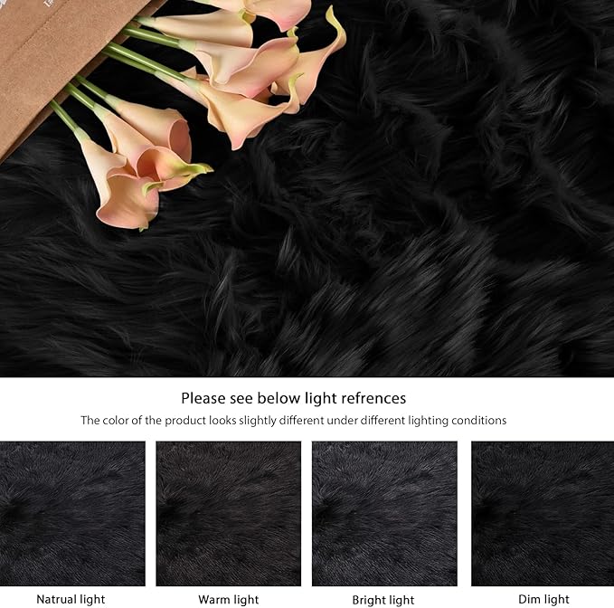 Black Rugs for Living Room 8x10 Area Rugs for Bedroom Shag Washable Faux Sheepskin Fuzzy Fur Rug Large Boho Nursery Rug