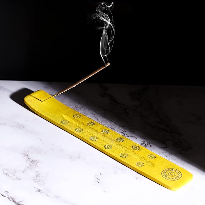 Bless-International Traditional-Handmade-Burner Wooden-Incense-Stick-Holder Ash-Catcher-Stand for-Aromatherapy-Meditation-Yoga (Positivity Yellow) 10 Inches, Pack of 1