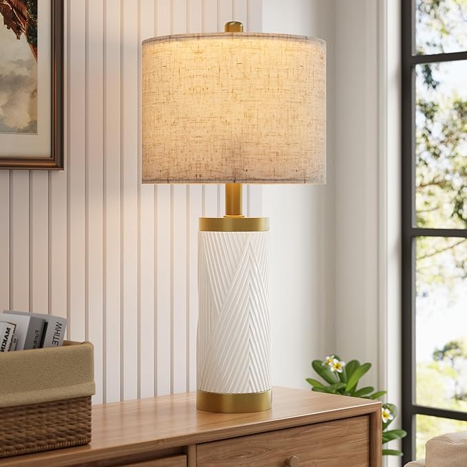24.5" Modern Ceramic Table Lamp Set of 2 for Living Room, Table Lamps with USB Ports for Bedroom Set of 2, Farmhouse Bedside Nightstand Bedside Lamp End Table Lamps White