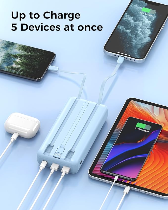 Portable Charger Power Bank 50000mAh Built-in Cables, PD 20W Fast Charging Large Capacity Battery Pack, 5 Output 2 Input LED Display Powerbank Compatible with Phone (Blue)