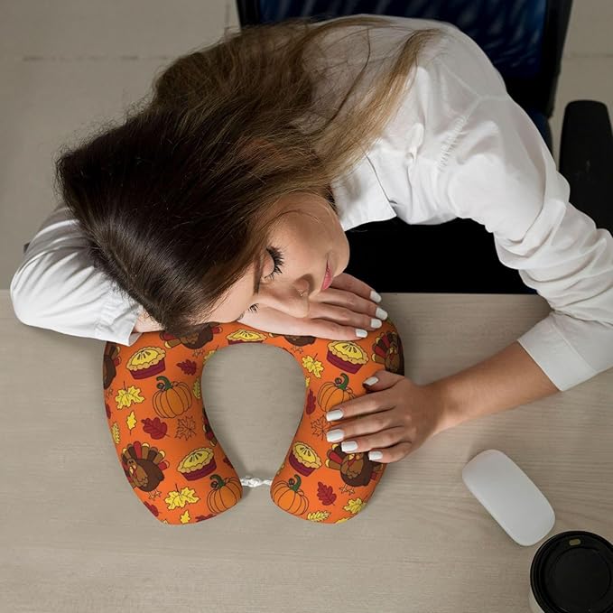 Neck Pillow Memory Foam Travel Pillows Comfortable for Airplane Flight Car Travel Office Nap and Sleeping, Funny Cushion for Head Shoulder Orange Pumpkin Color Thanksgiving Turkey