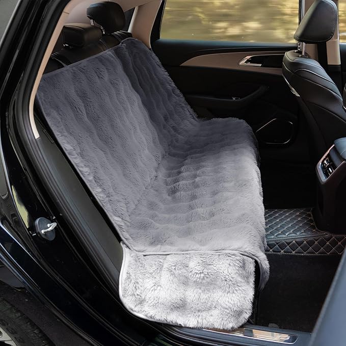 FUNNY FUZZY Fluffy Dog Car Seat Cover for Back Seat (Bench), Water-Resistant with Nonslip Backing,Pet Seat Protector for Cars SUVs Trucks(Gray
