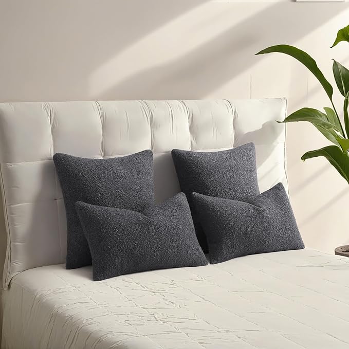 HAUSSY Set of 2 22x22 Decorative Throw Pillow Covers, Soft Cozy Textured Boucle Couch Cases, Home Decor for Couch Bed Living Room, Dark Grey