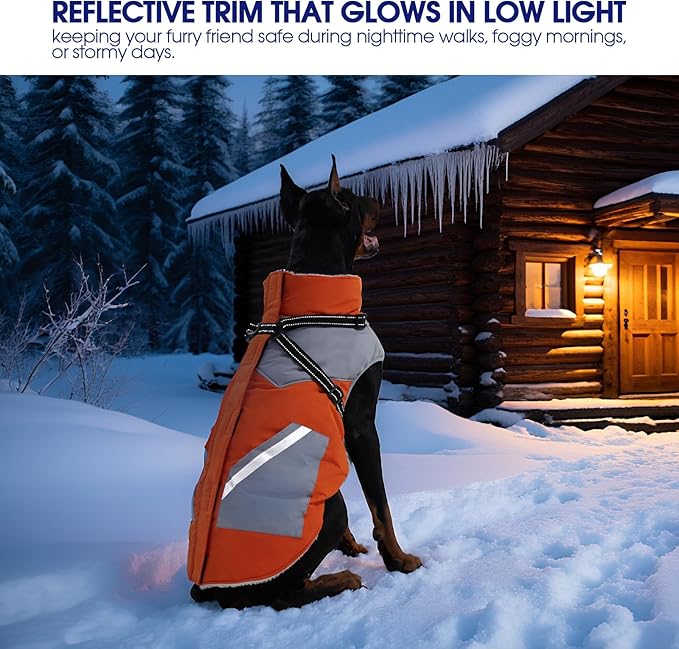 FUAMEY Dog Winter Jackets for Large Dogs,Dog Coat with Harness Built in,Waterproof Dogs Snowsuits Warm Pet Jacket Zip Up Fleece Cold Weather Coats Reflective Safety Pets Hunting Vest Orange 2XL