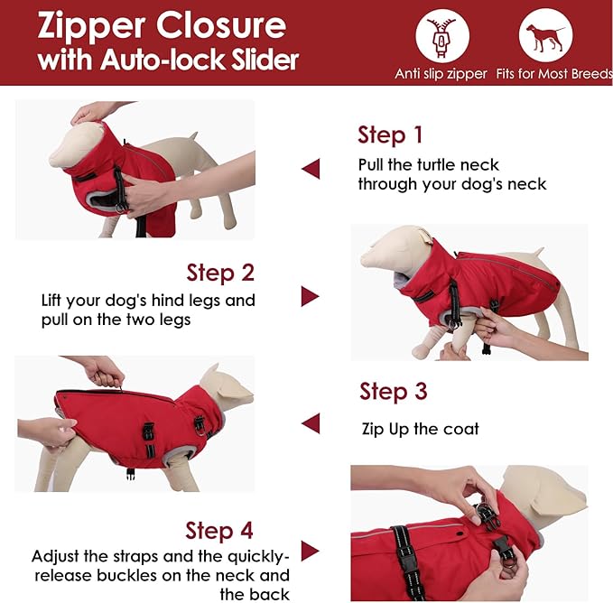 AOFITEE Dog Coat for Large Dogs, Warm XL Dog Jacket Winter, Pet Winter Coat with Harness Built in, Fleece Puffer Jacket Waterproof Reflective Snowsuit for Extra Large Dogs, Christmas Red XL