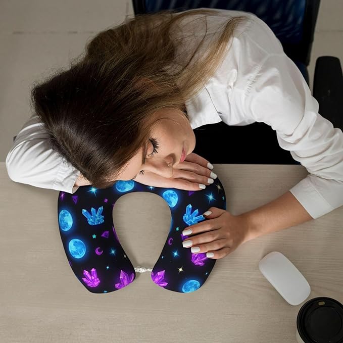 Support Neck Pillow for Youth Travel, Washable Airplane Chin Supporting and Relax U Shaped Pillows Trippy Purple Goth Moon Crystals Black Sky