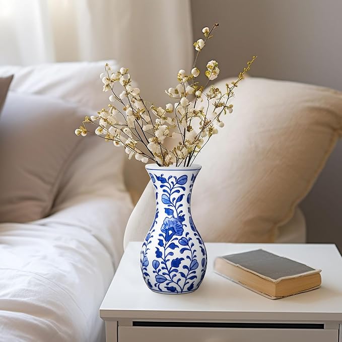 Small Blue and White Vase, 2-Pack 6 Inch Bud Ceramic Flower Vase, Retro Chinoiserie Vases for Fresh Dried Silk Flower Decor Side Table Living Room Bookshelf Antique Grand Millennial - Floral Glazed