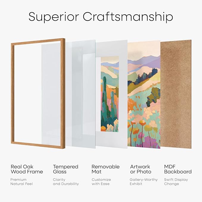 Homeforia 10x30 Wood Frame, High End Natural Oak 10x30 Light Wooden Picture Frame with Mat 8x24, 10 x 30 Poster Frames Matted to 8 by 24 Print, 30x10 Hanging Frames, Tempered Glass, Wall Kit, Set of 1