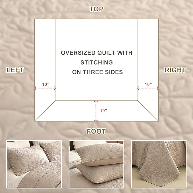 Sanracie Oversized Queen Quilt Bedspread 102"*118", 100% Cotton Quilt Bedding Set 3pcs Linen Colored Extra Large Wide Coverlet Queen Size Lightweight Soft and Cozy Cloud Bed Quilts for All Season