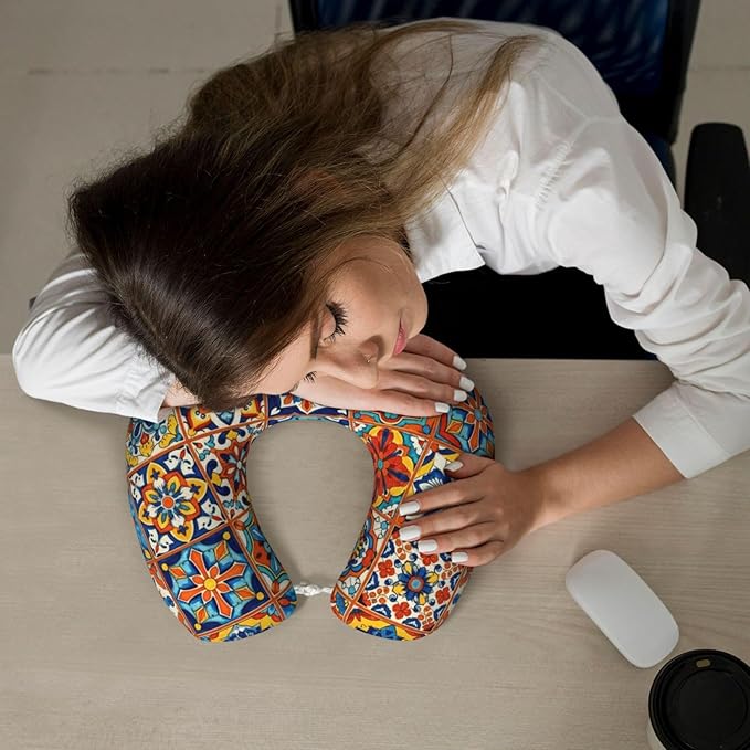 Neck Pillow Memory Foam Chin Cushion with Breathable Cover Talavera Mexican Tiles, Cute Airplane Car Pillows for Office Head Pain Relief