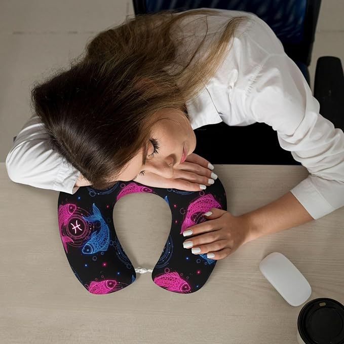 Neck Travel Pillow, Women Men Washable Airplane Car Pillows Neon Fish Zodiac Pisces, Head Support Rest U Shaped Cushion Comfortable for Watching TV