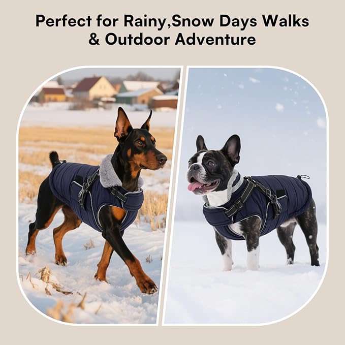 Queenmore Winter Dog Jackets for Medium Dogs with Harness Built-in, Waterproof Puffer Jacket for Snow/Cold Weather, Pet Warm Coat for Doggie Boy/Girl - Fleece Lining Reflective Easy-on, Navy M