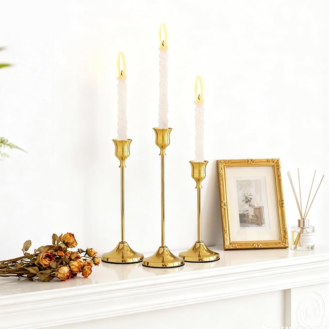 Taper Candle Holders, Tall Vintage Metal Candlestick Holders, 12 PCS Gold Candle Sticks Holders for Home Decor Table Centerpiece Wedding Housewarming Festival, Gold, 4 Sets (12 pcs)