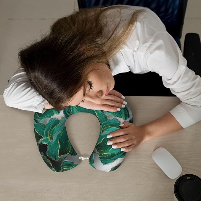 Comfortable Memory Foam Neck Pillow Abstract Teal Green Turquoise Marble, Travel U Shaped Airplane/Car/Flight Pillows with Removable Zipper Cover, Chin Head Neck Support Cushion