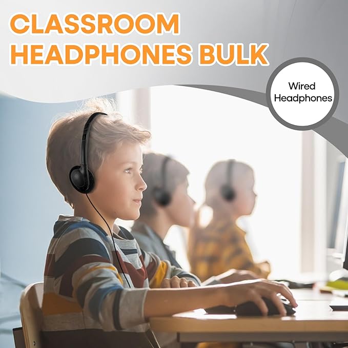 Bulk Headphones 100 Pack for Classroom School Kids, Wholeslae Wired Durable Earphones Class Set for Students Children Toddler Teens Boys Girls and Adult (HY857,100 Black)