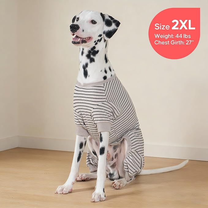 KYEESE Dog Pajamas, Striped Pet PJS Lightweight Doggie Jammies, 4 Legs Outfit Soft Dog Pajamas, Cozy Pet Clothes Onesie, Comfortable PJS for Large Dogs, Ivory Brown Striped, 3XL