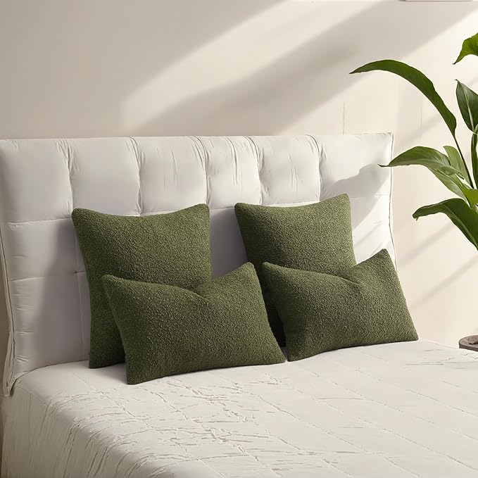 HAUSSY Set of 2 20x20 Decorative Throw Pillow Covers, Soft Cozy Textured Boucle Couch Cases, Home Decor for Couch Bed Living Room, Moss Green