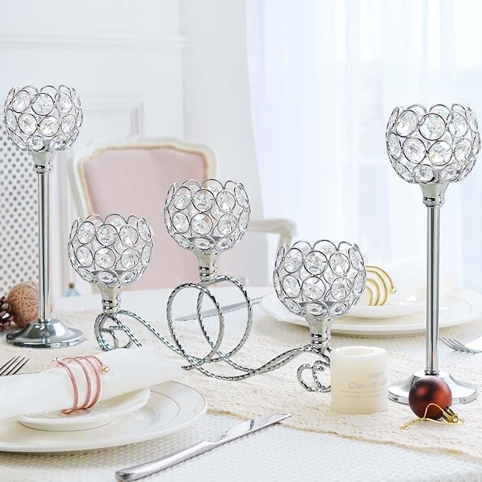 Silver 5 Arm Metal Crystal Tea Light Candle Holder, Elegant Wedding Table Centerpiece Candle Holder, Christmas Wishing Crystal Bowl Candle Holder Suitable for Wedding Party Living Room Decoration