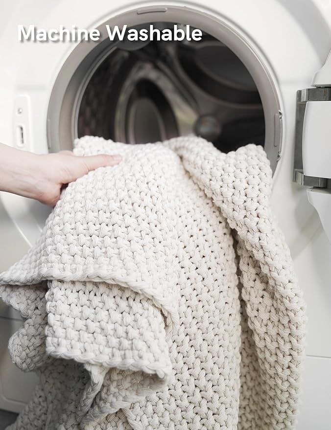YnM Chunky Cotton Knit Throw Blanket, Cable Knit Throws for Bed Couch Sofa, Comfy & Relaxing, Decorative Piece for Farmhouse Modern Boho Rustic Scandinavian Chic Vibe, Cream White 80x87 Inches